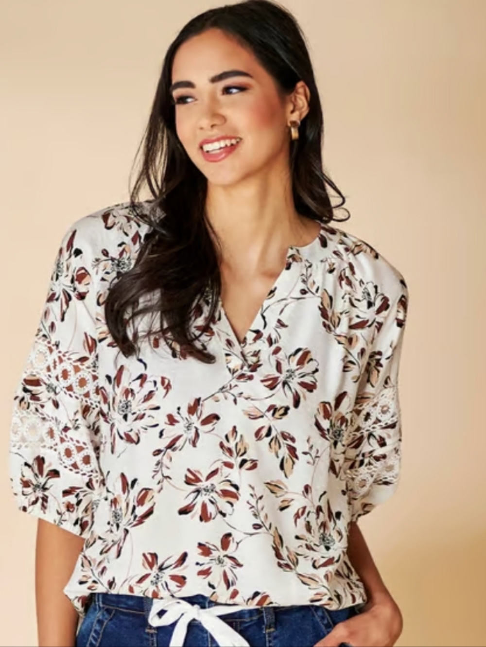 Womens Como Black Elbow Sleeve Split Neck Floral Blouse Sz XL
